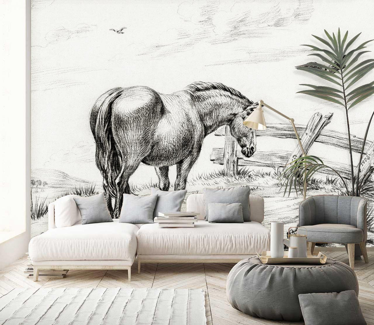 Monochrome horse wallpaper adorns room with white sofa, grey accents, wooden floor, and soft furnishings.