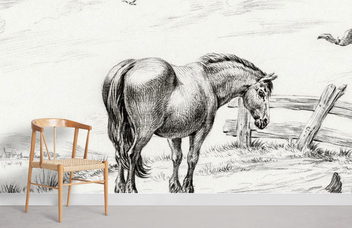 Vintage horse sketch wallpaper with rustic charm, wooden chair, light floor, countryside theme.