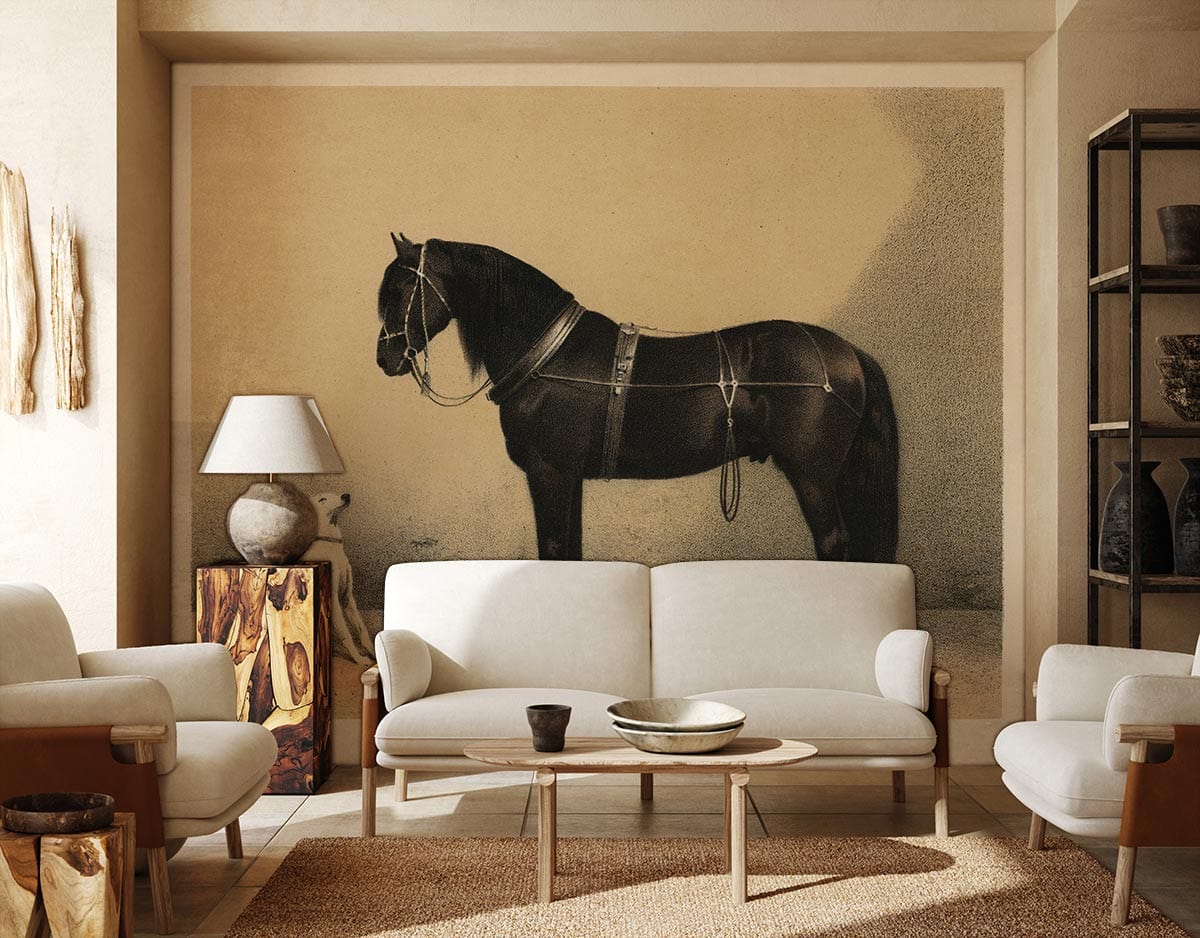 Vintage Equestrian and Canine Art Wallpaper adorns classic sepia-toned wall, complemented by modern beige sofa.