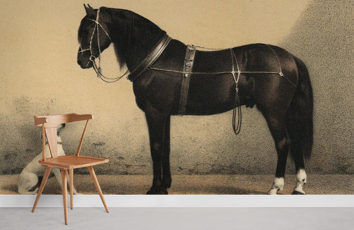 Vintage equestrian art wallpaper in sepia tones with wooden chair, neutral wall, and classic style.