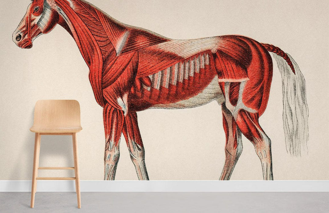 Vintage equine anatomy mural wallpaper, antique red and beige, modern stool, minimalist room, grey flooring.