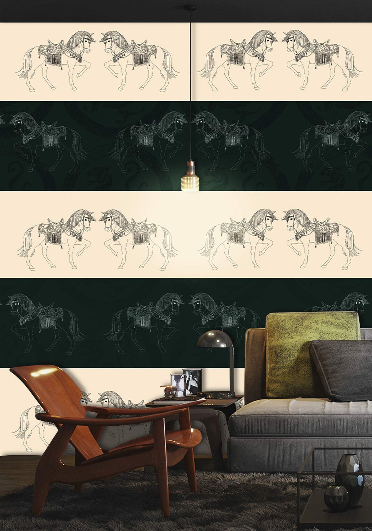 Elegant Equine Patterned Wallpaper, forest green and cream, mid-century chair, grey sofa, pendant light.