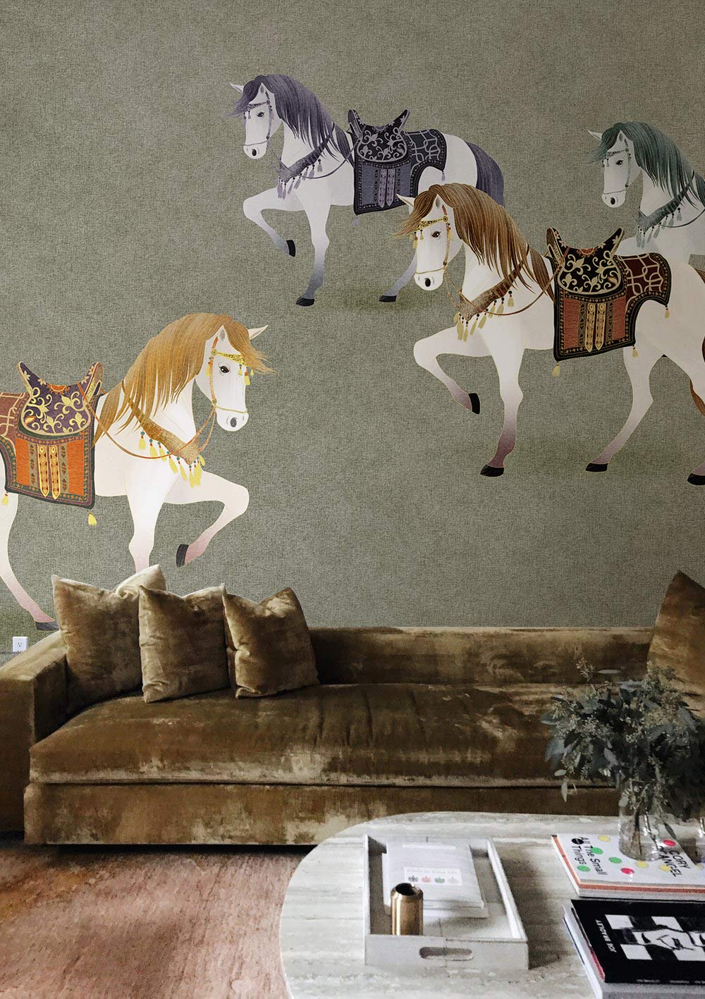 Vintage Equestrian Mural Wallpaper in Living Room with Brown Sofa, Green Walls, and Round Table.