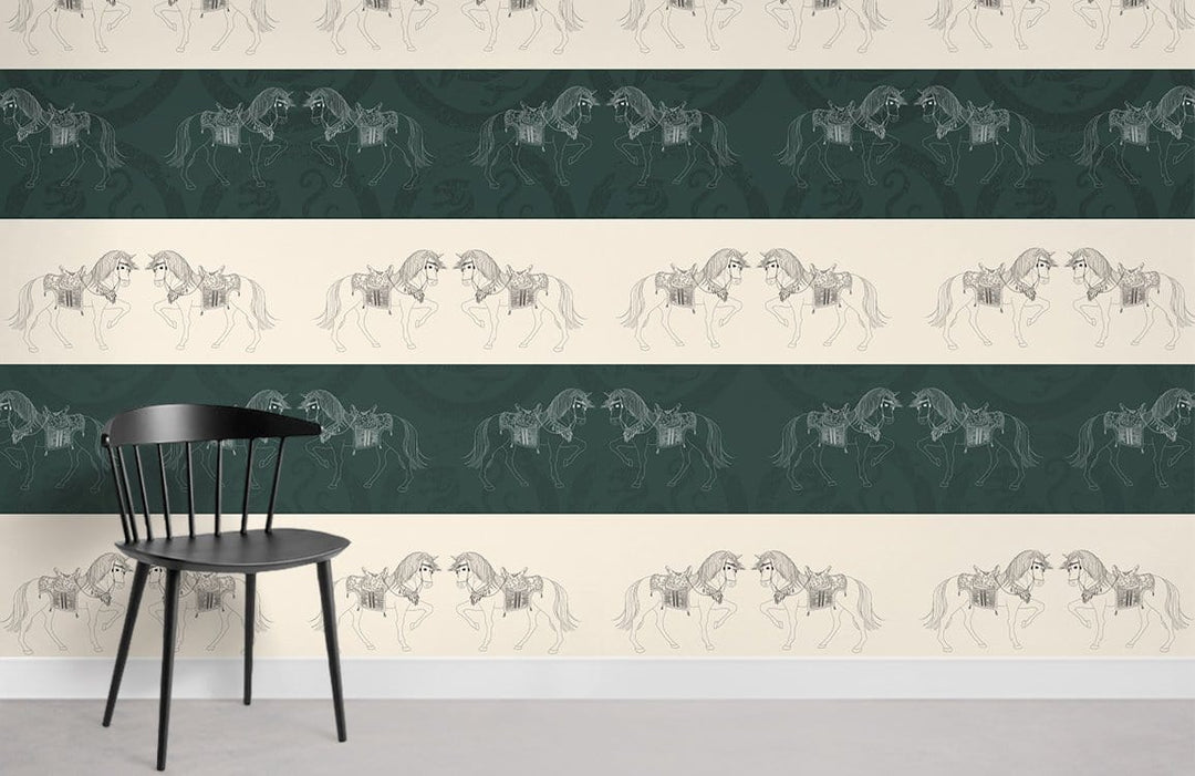 Elegant equine wallpaper with forest green and cream stripes, featuring a black chair on concrete floor.