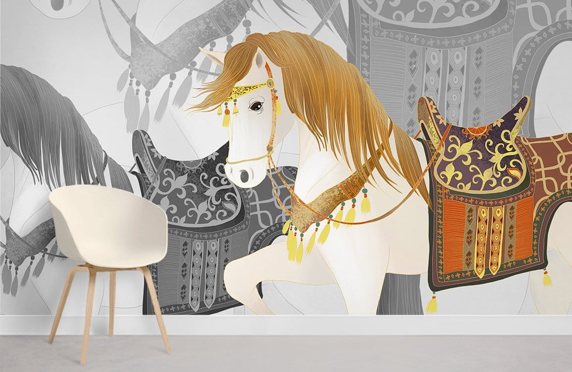 Elegant Equestrian Tapestry wallpaper with horse saddle pattern, featuring modern chair, grey flooring.