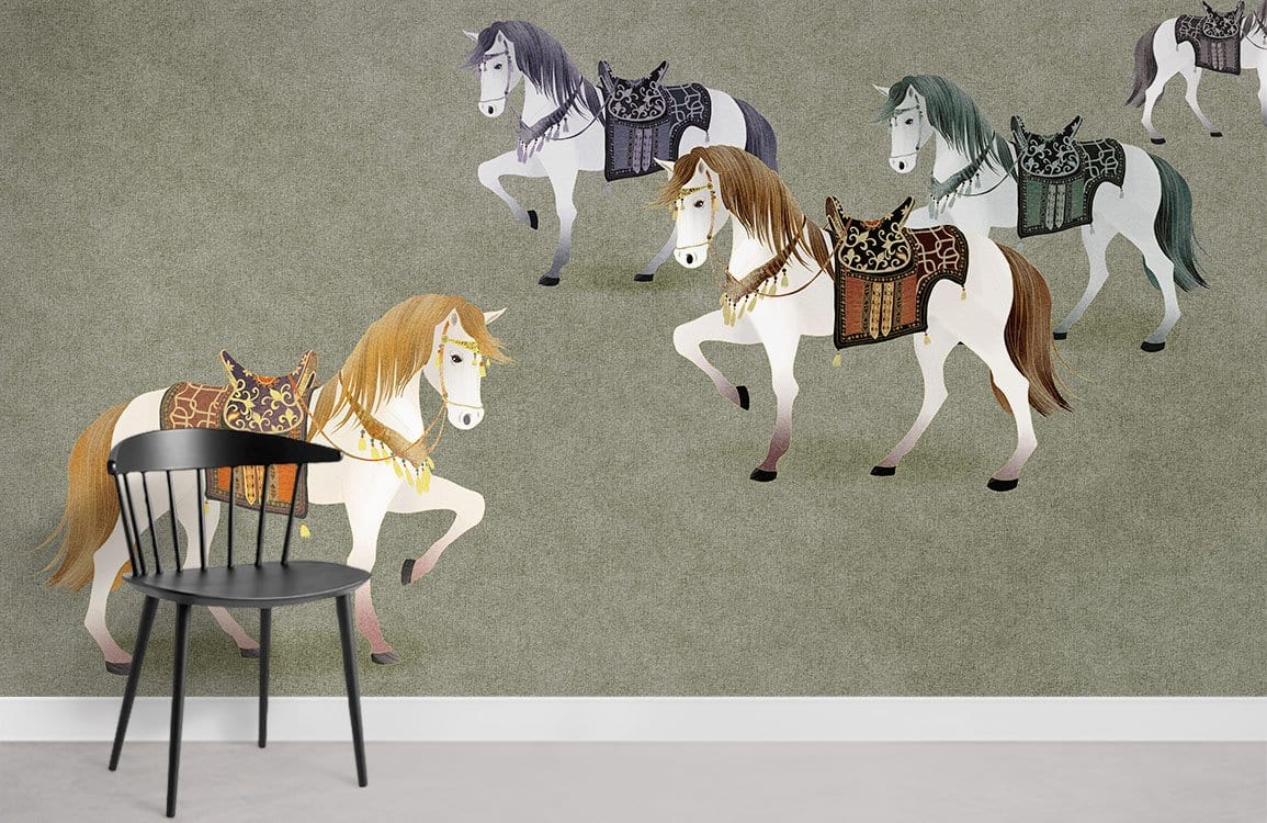 Vintage Equestrian Parade Mural Wallpaper with chair; green tones, concrete flooring, horse design.