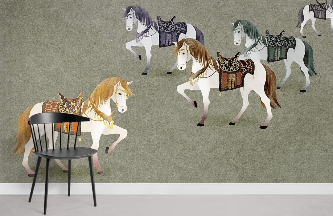 Vintage Equestrian Parade Mural Wallpaper with chair; green tones, concrete flooring, horse design.