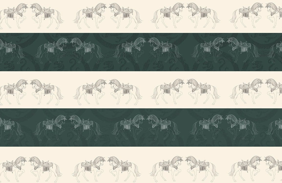 Elegant Equine Patterned Wallpaper in Forest Green and Soft Cream
