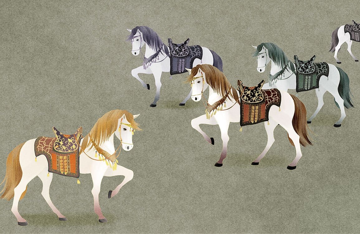 Vintage Equestrian Parade Mural Wallpaper in Soft Green and Earth Tones