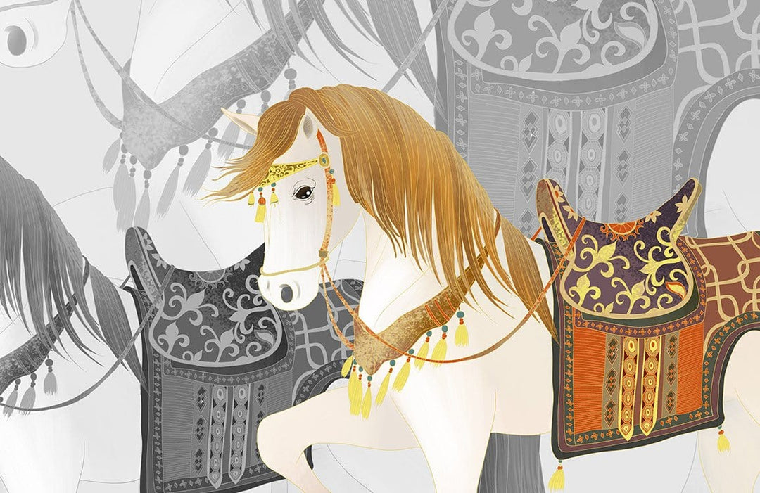 Elegant Equestrian Tapestry: Multi-Coloured Horse Saddle Pattern Wallpaper Design