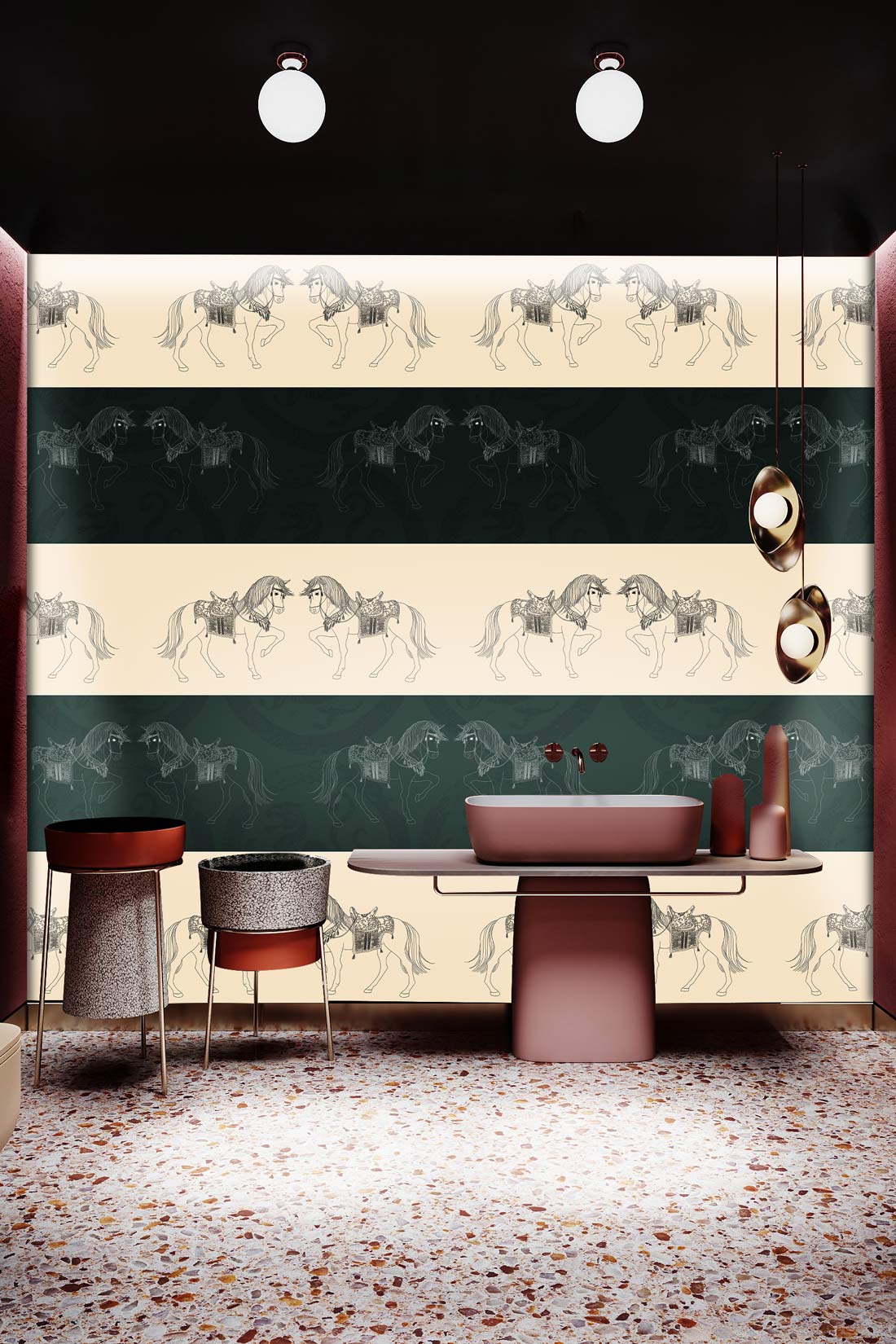 Elegant Equine Patterned Wallpaper in stylish room with terrazzo floor, modern lighting, sleek furnishings.