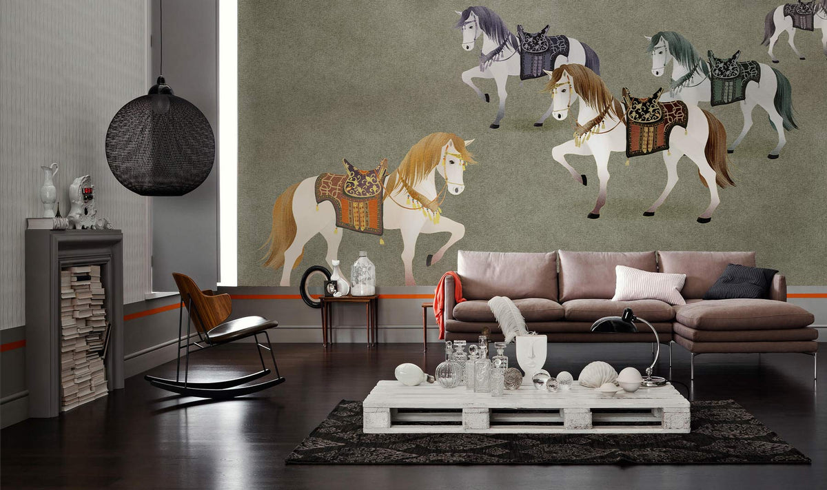 Vintage Equestrian Parade Mural Wallpaper in soft green, earth tones; modern living room, brown sofa.