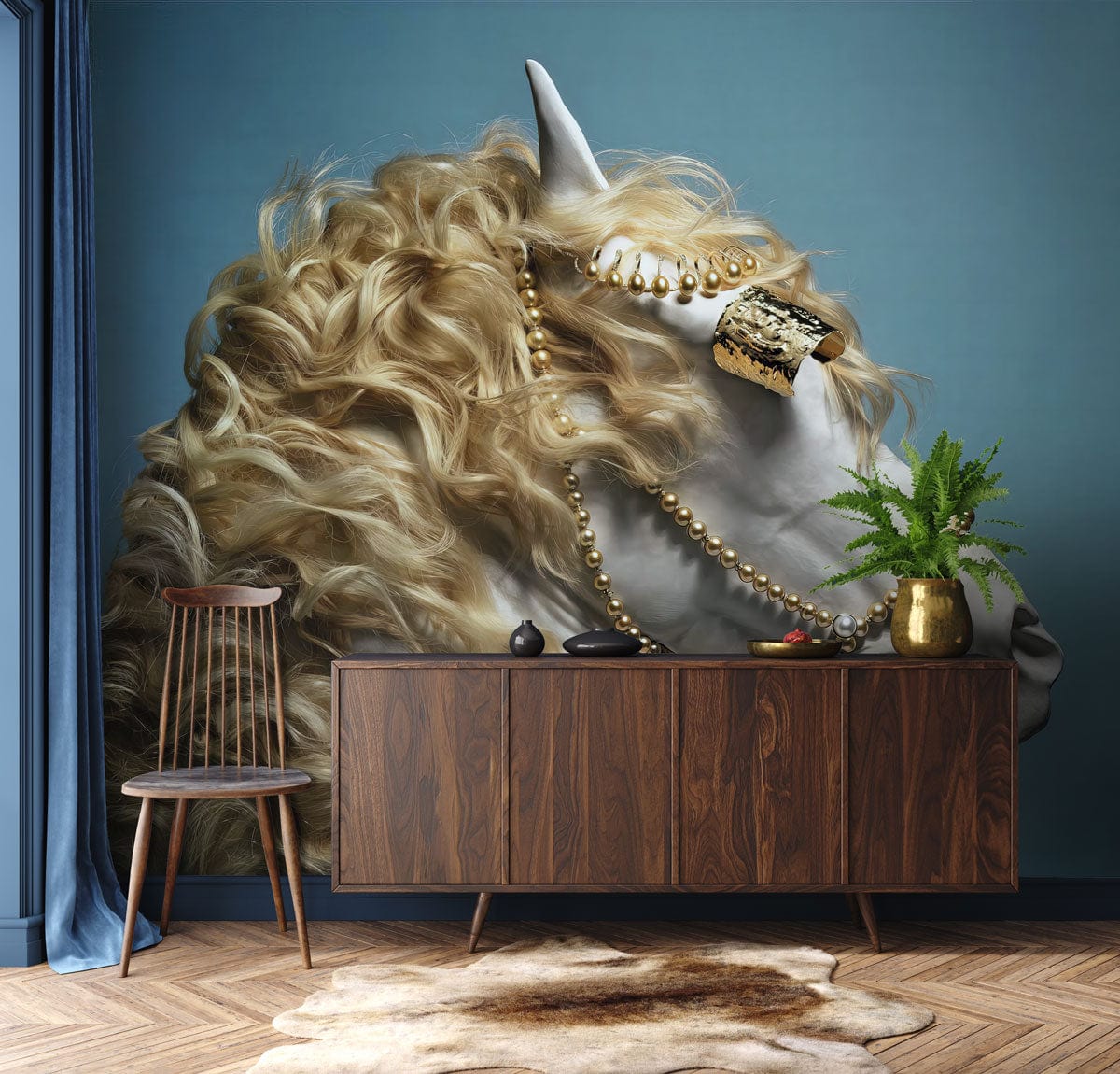 Golden Majestic Horse Portrait Mural, elegant style, wooden sideboard, blue wall, herringbone floor.