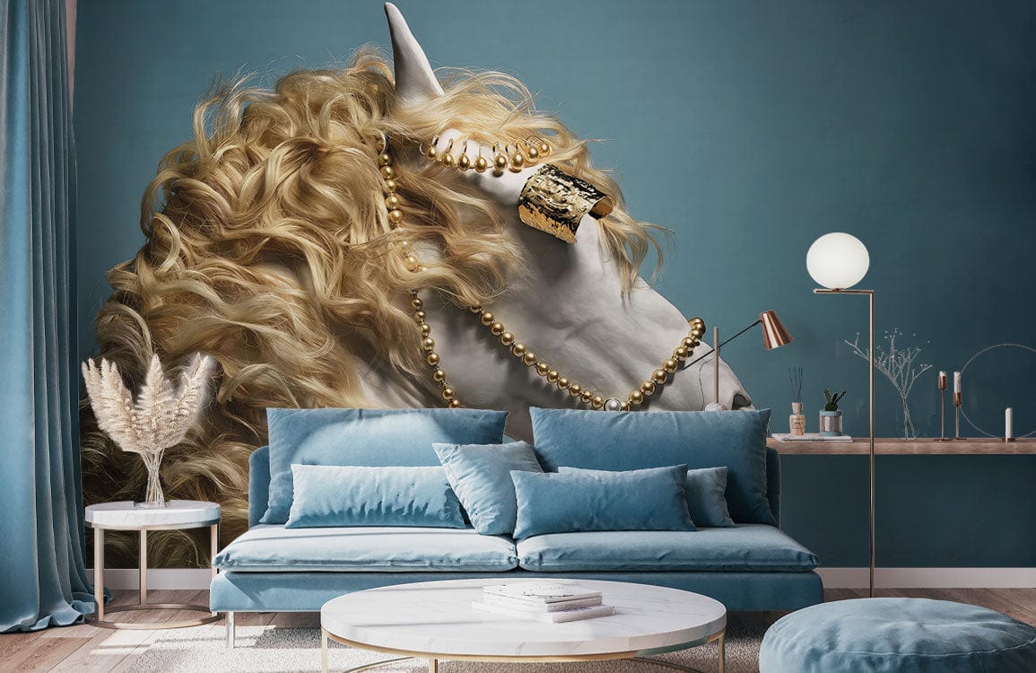 Golden Majestic Horse Mural Wallpaper in classic style, blue sofa, wooden flooring, elegant decor.