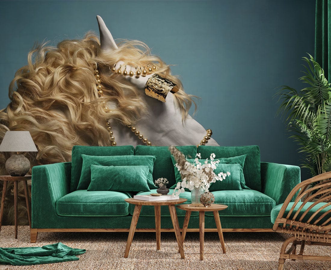 Golden Majestic Horse Mural Wallpaper in elegant classic style, featuring green sofa, rug, wooden tables.