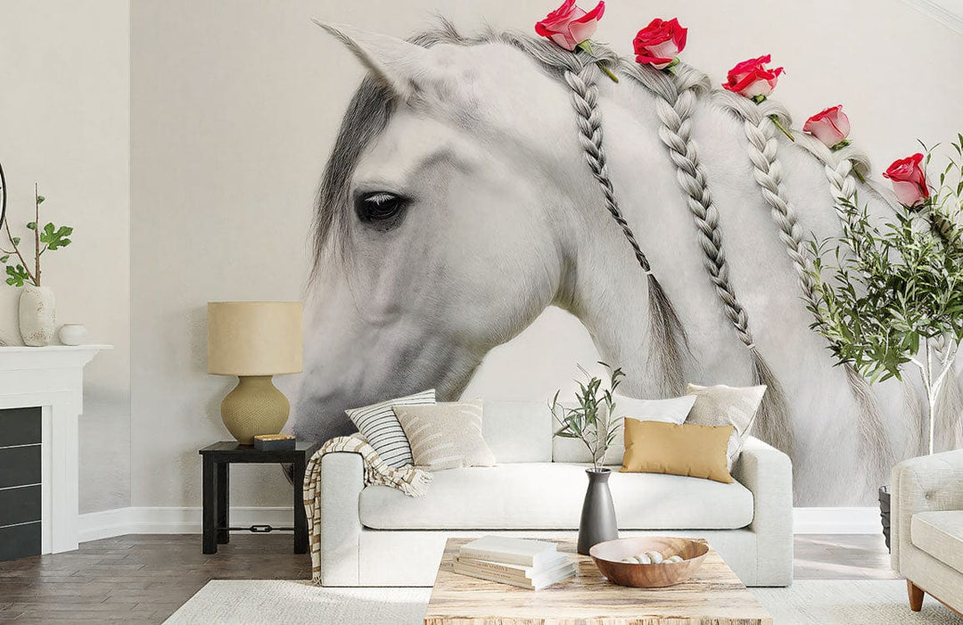 Elegant White Horse Mural Wallpaper; braided mane, pastel shades, cosy living room, cream sofa, wood flooring.