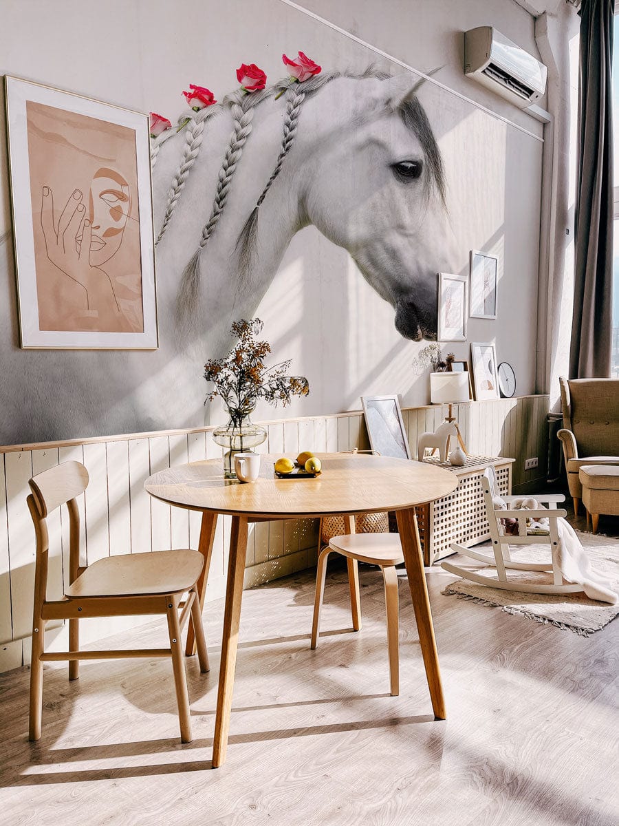 Elegant white horse mural wallpaper in pastel shades with braided mane, dining area, wooden furniture.