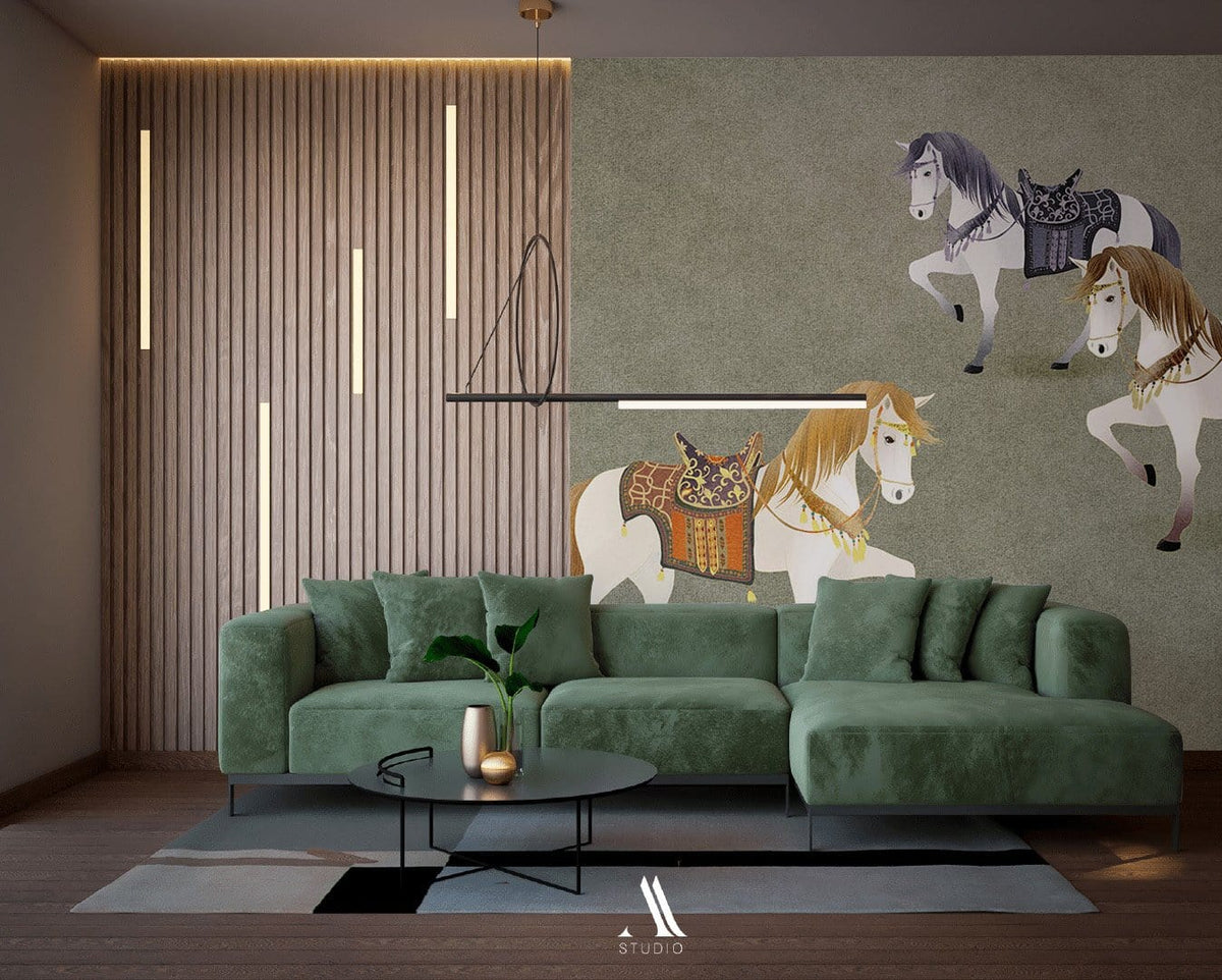 Vintage Equestrian Parade Wallpaper, soft green tones, modern green sofa, wooden panel wall, living room.