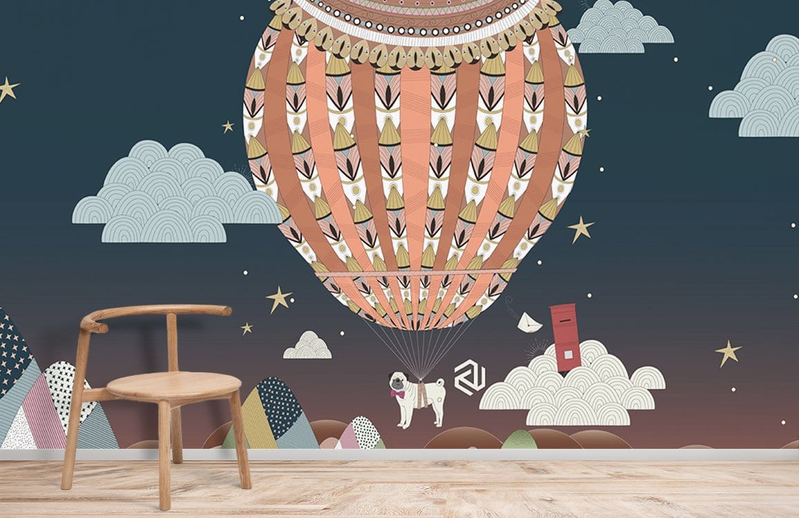 Whimsical hot air balloon mural on dark wall, light wooden chair, hardwood floor, playful night design.