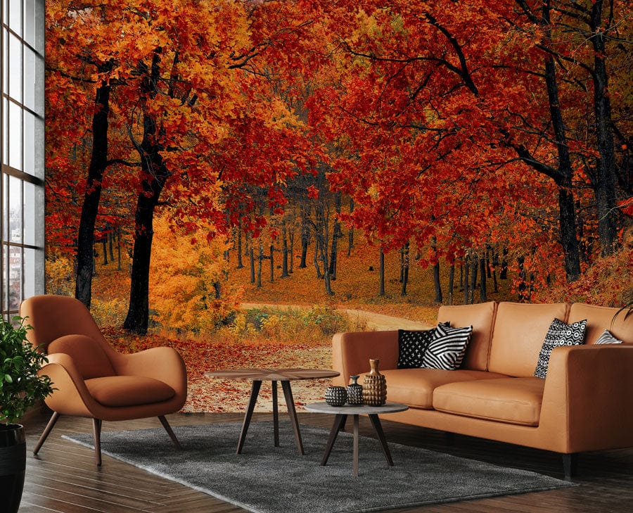 Rustic Autumn Wallpaper Mural, vibrant orange design with brown leather sofa, wood flooring, modern decor.