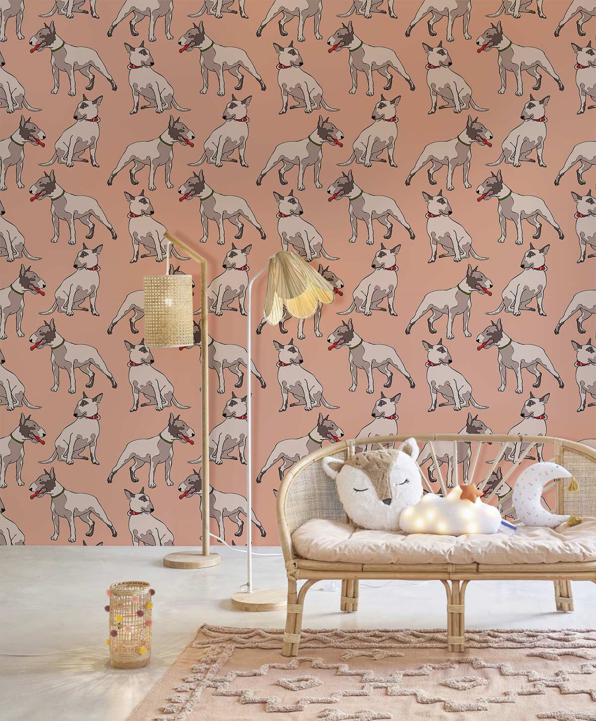 Vintage Pastel Bull Terrier Wallpaper featuring relaxing wicker daybed, standing lamp in stylish room.