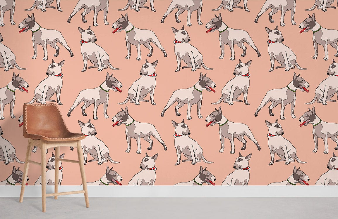 Vintage Pastel Bull Terrier Pattern Wallpaper, light beige stool, retro dog-themed decor, muted flooring.