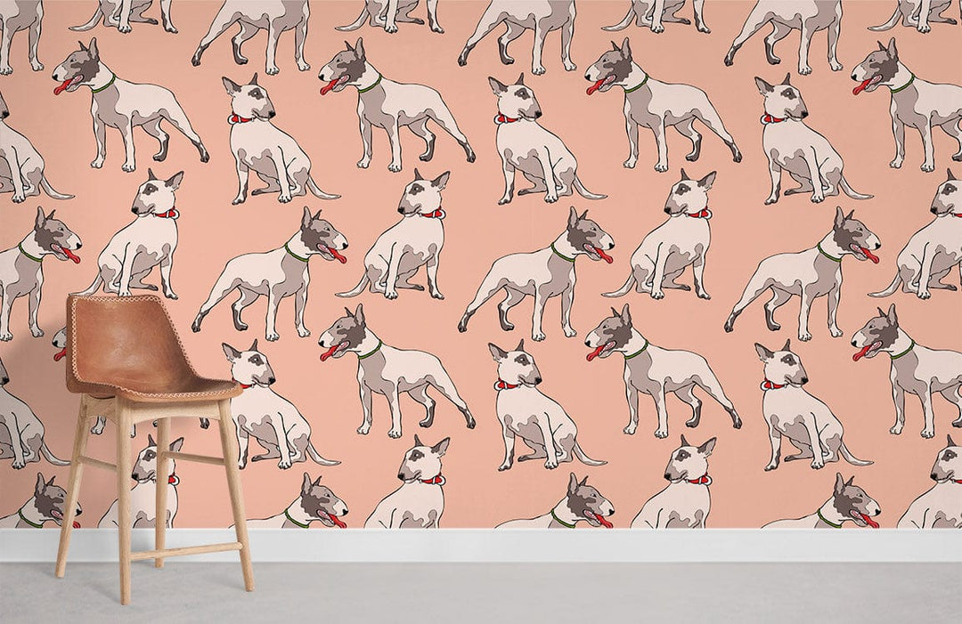 Vintage Pastel Bull Terrier Pattern Wallpaper, light beige stool, retro dog-themed decor, muted flooring.