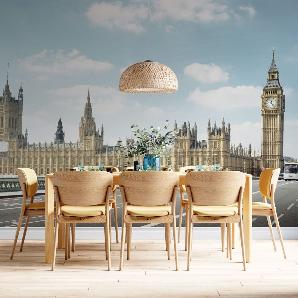 Iconic London Skyline Mural Wallpaper in dining room with wooden chairs, light wood flooring, pendant light.