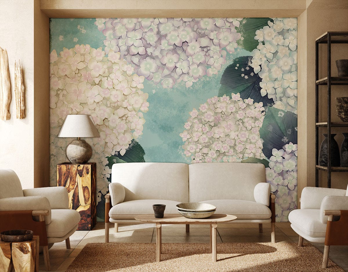 Elegant lounge with pastel hydrangea floral mural, cream sofas, natural wood elements, and beige flooring.
