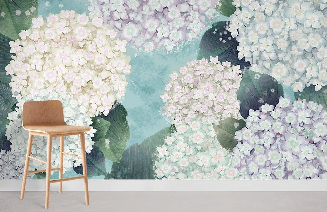 Tranquil Pastel Hydrangeas mural wallpaper in room with modern wooden chair and light grey flooring.