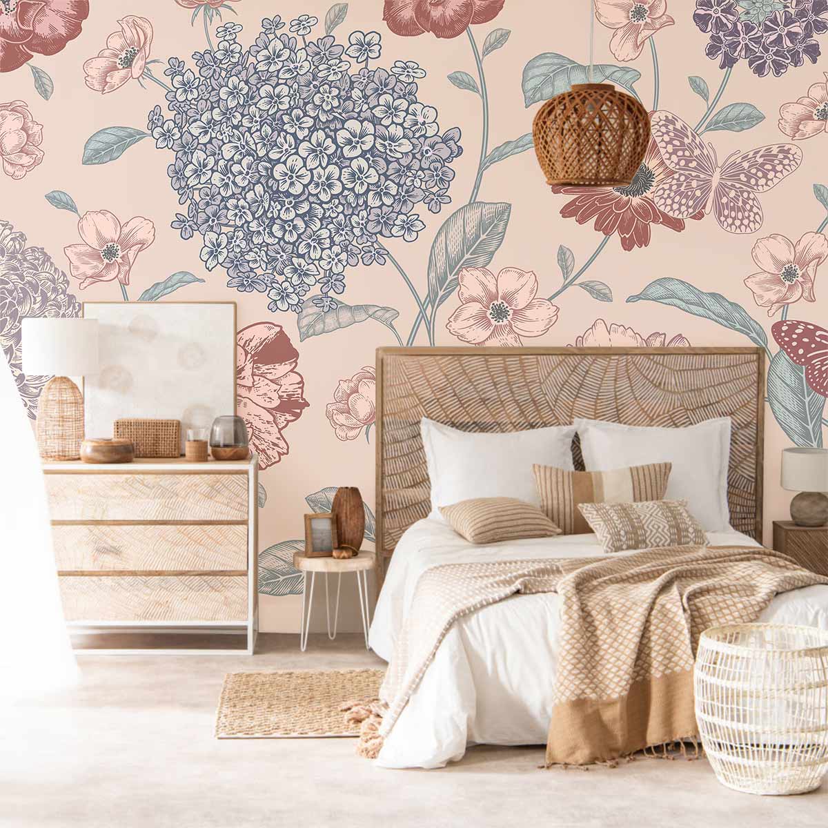 Vintage Floral Elegance mural wallpaper with pastel blossoms, woven bed, neutral dresser in cosy bedroom.