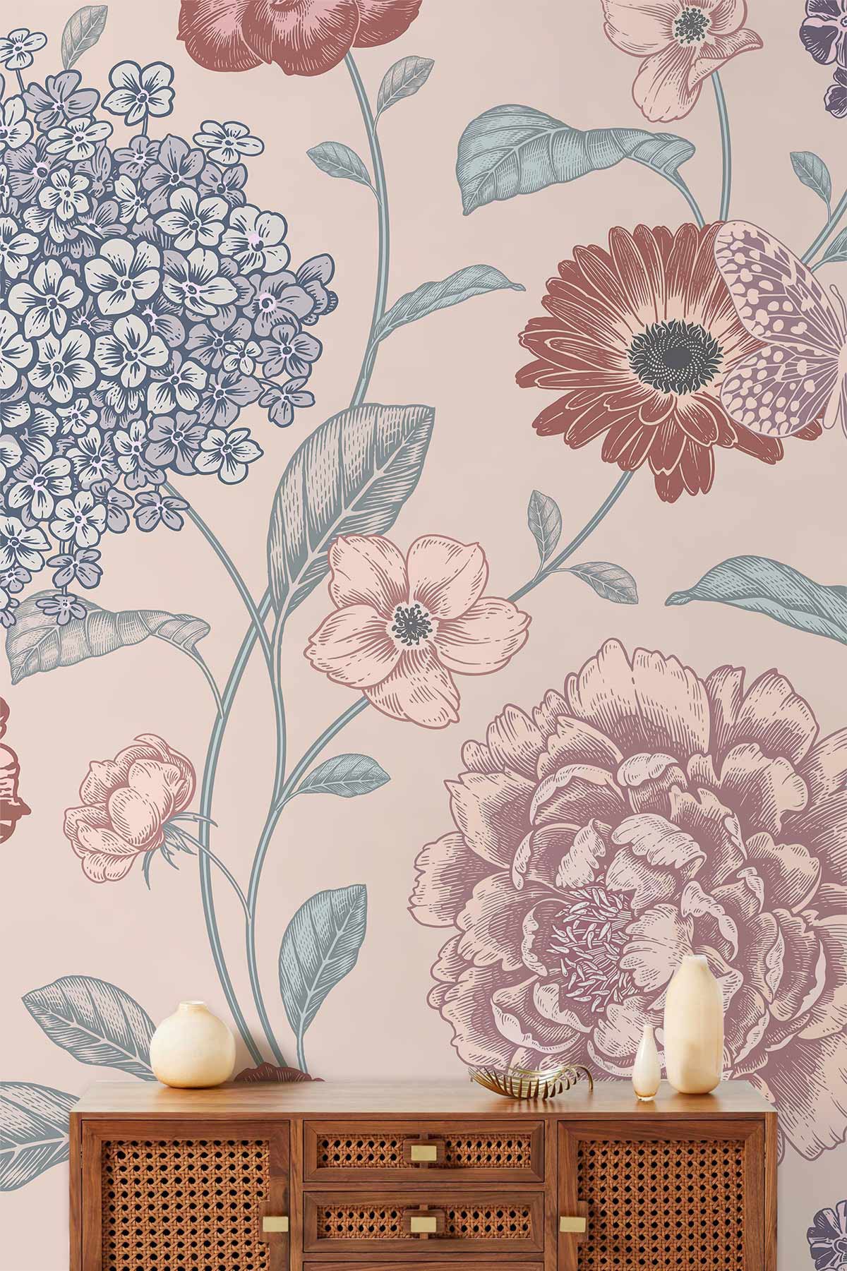 Vintage Floral Elegance mural wallpaper, pastel blossoms, butterflies, with wooden cabinet and decorative items.