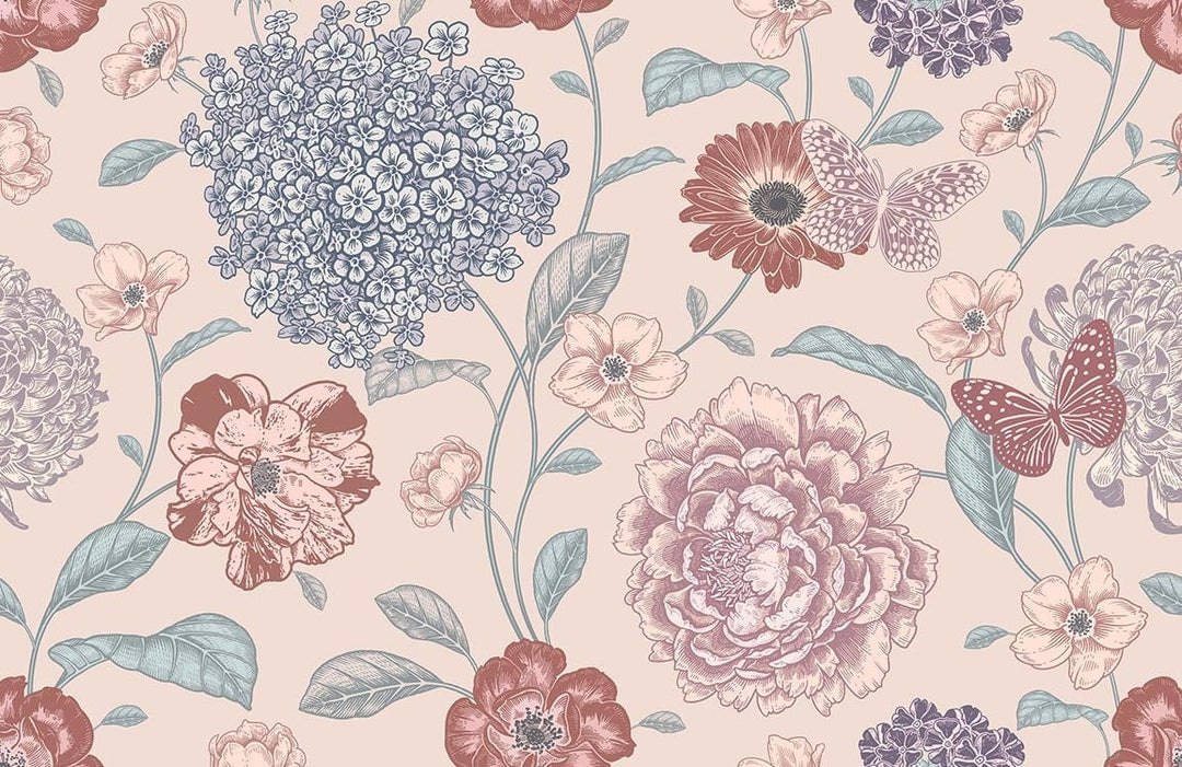 Vintage Floral Elegance Mural Wallpaper in Pastel Blossoms and Butterflies Design