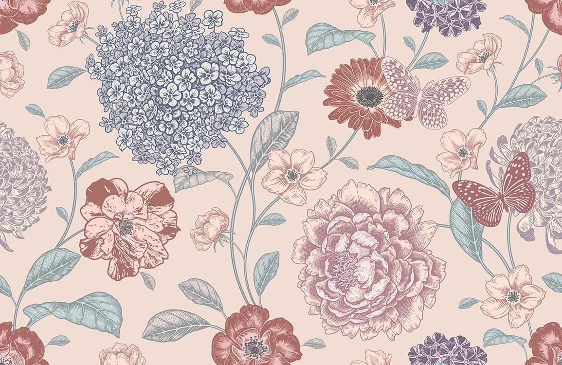 Vintage Floral Elegance Mural Wallpaper in Pastel Blossoms and Butterflies Design