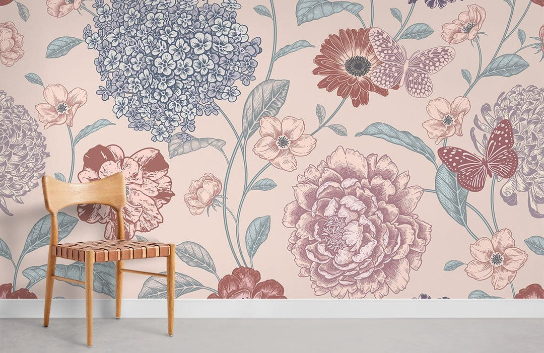Vintage floral mural wallpaper with pastel blossoms and butterflies, wooden chair, grey flooring.