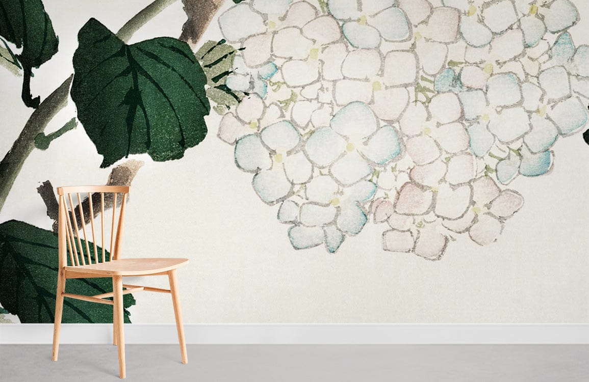 Elegant vintage hydrangea wallpaper, green leaves, wooden chair, grey flooring, watercolour style, room decor.