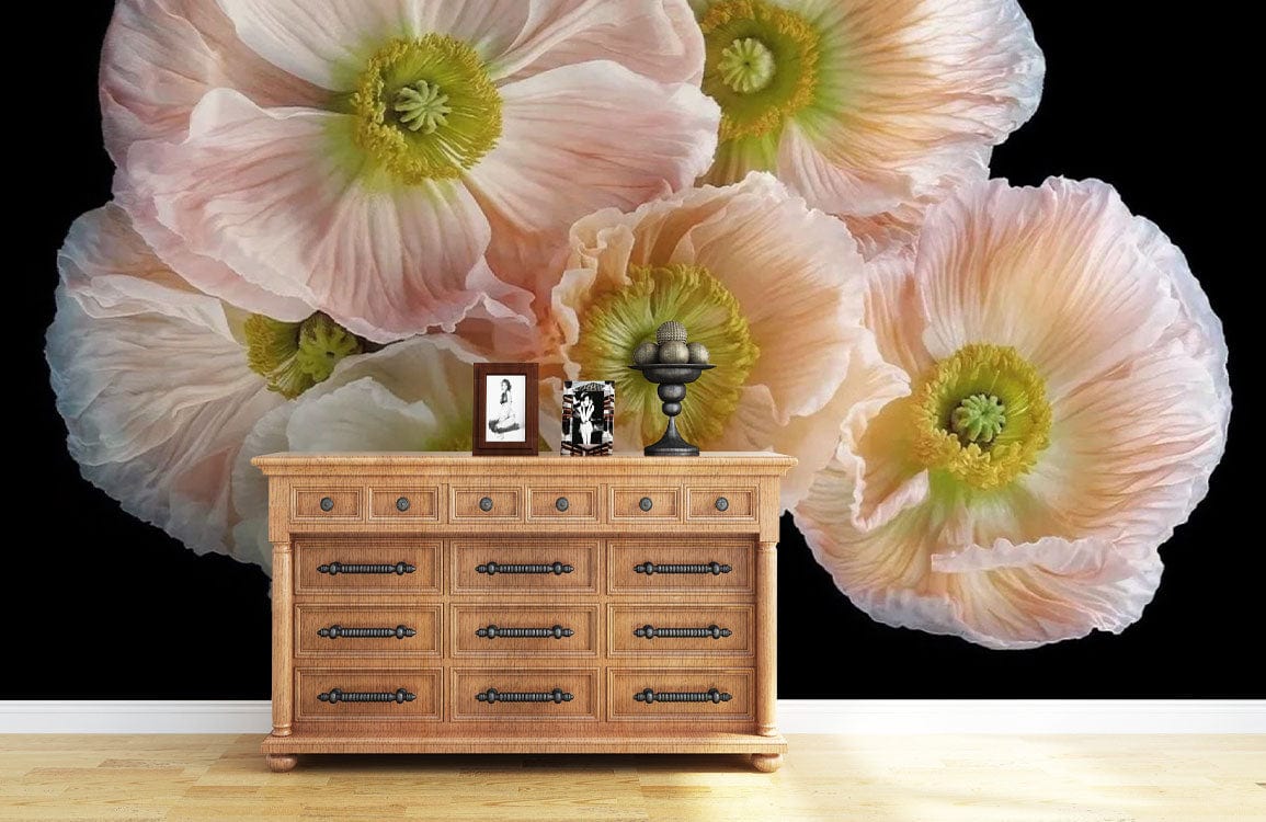 Soft Pastel Floral Bloom Wallpaper, peony blossom design with wooden dresser in modern living room setting.