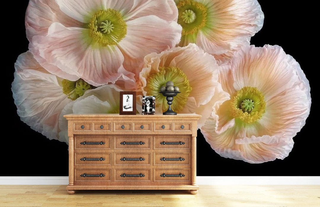Soft Pastel Floral Bloom Wallpaper, peony blossom design with wooden dresser in modern living room setting.