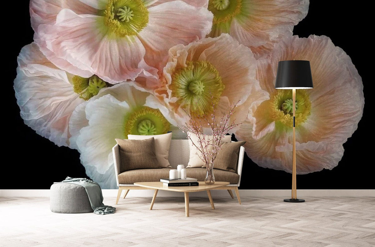 Soft Pastel Floral Bloom Wallpaper with peony design, light sofa, contemporary lamp, elegant hardwood flooring.