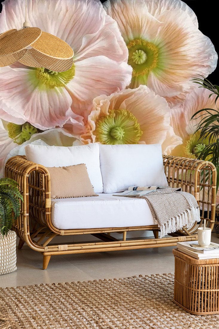 Soft Pastel Floral Bloom Wallpaper with peony design, rattan sofa, natural rug in stylish room.