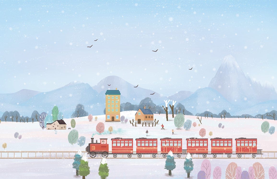 Whimsical Winter Wonderland Snowy Train Landscape Mural Wallpaper in Pastel Hues