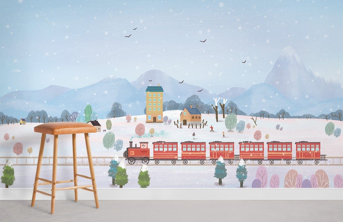 Whimsical winter wonderland snowy train mural, pastel hues, light grey flooring, wooden stool, serene room.