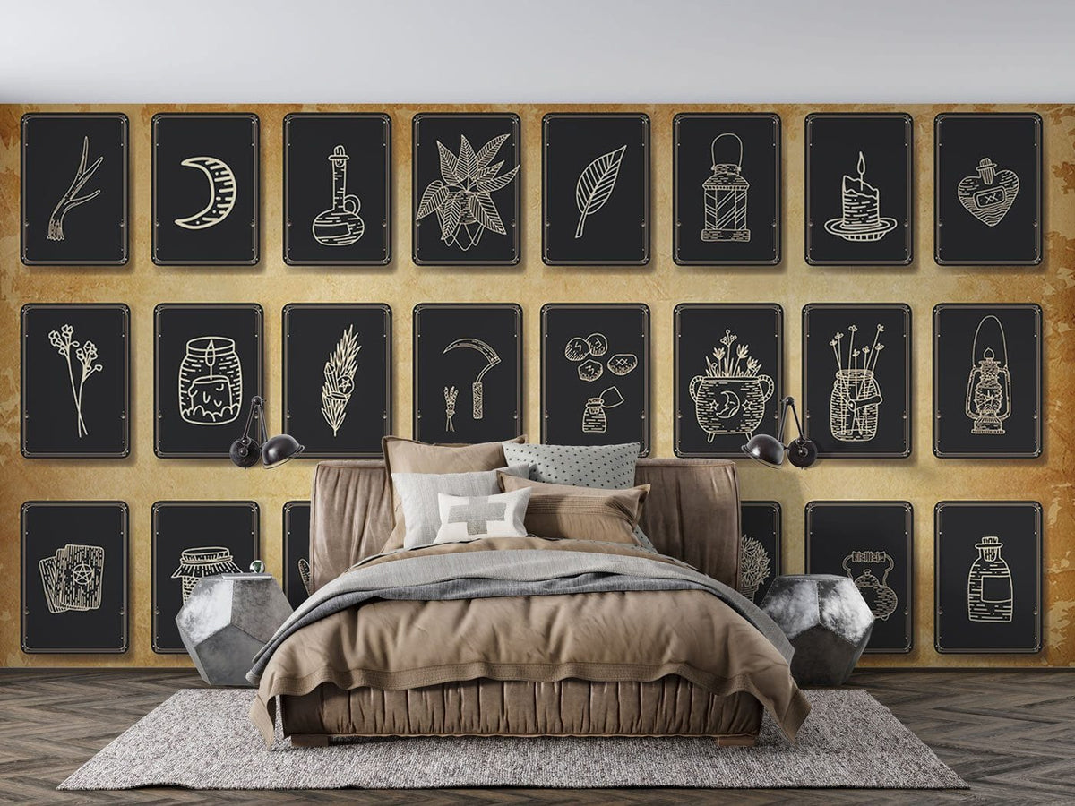 Vintage Mystical Chalkboard Patterned Wallpaper with symbols, brown bed, modern bedroom, wooden flooring.