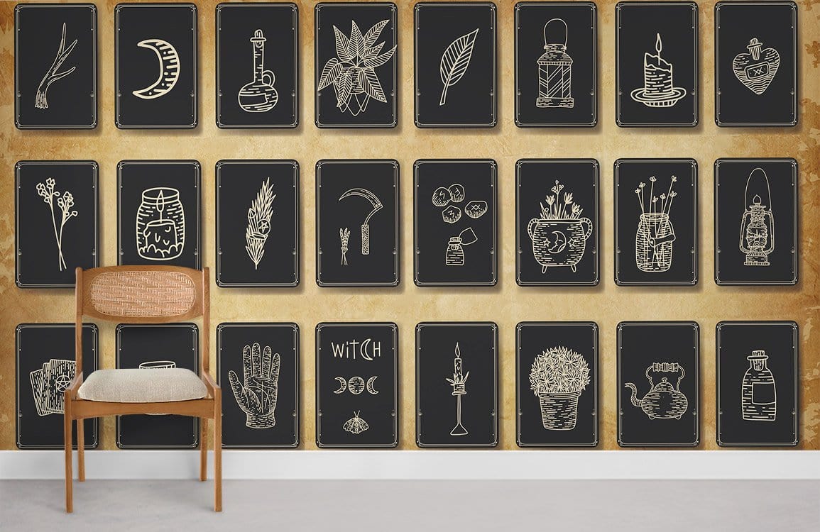 Vintage mystical chalkboard wallpaper with enchanting symbols, warm tones, light wood chair, grey floor.