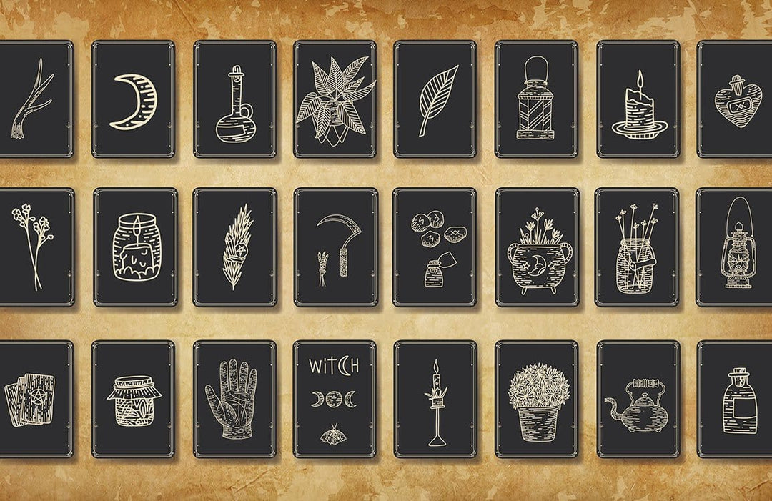 Vintage Mystical Chalkboard Patterned Wallpaper with Enchanting Symbols in Warm Tones