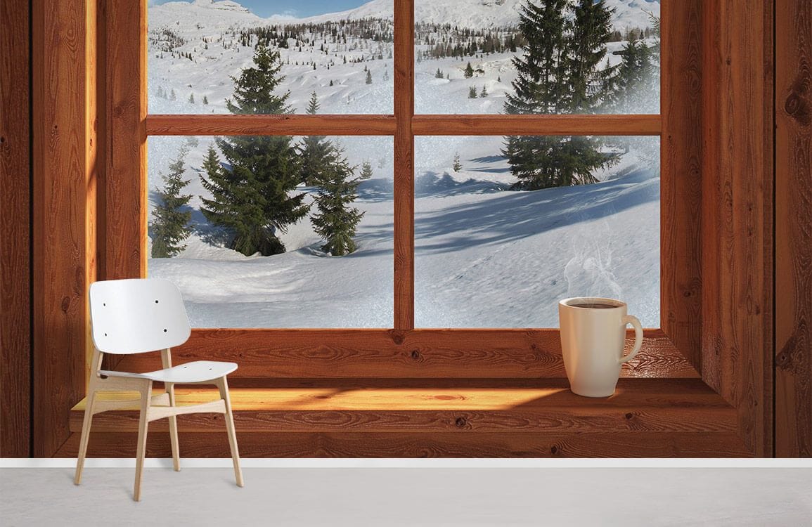 Cozy Winter Wonderland Scenic Mural Wallpaper with wooden window, white chair, snow view, home decor.