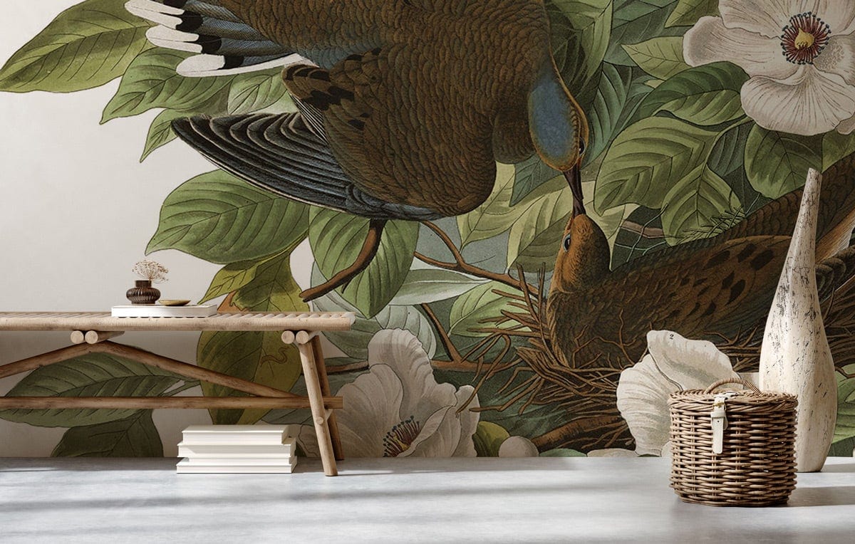 Tropical Bird and Magnolia Blossom mural in greenery design with wooden bench and concrete flooring.
