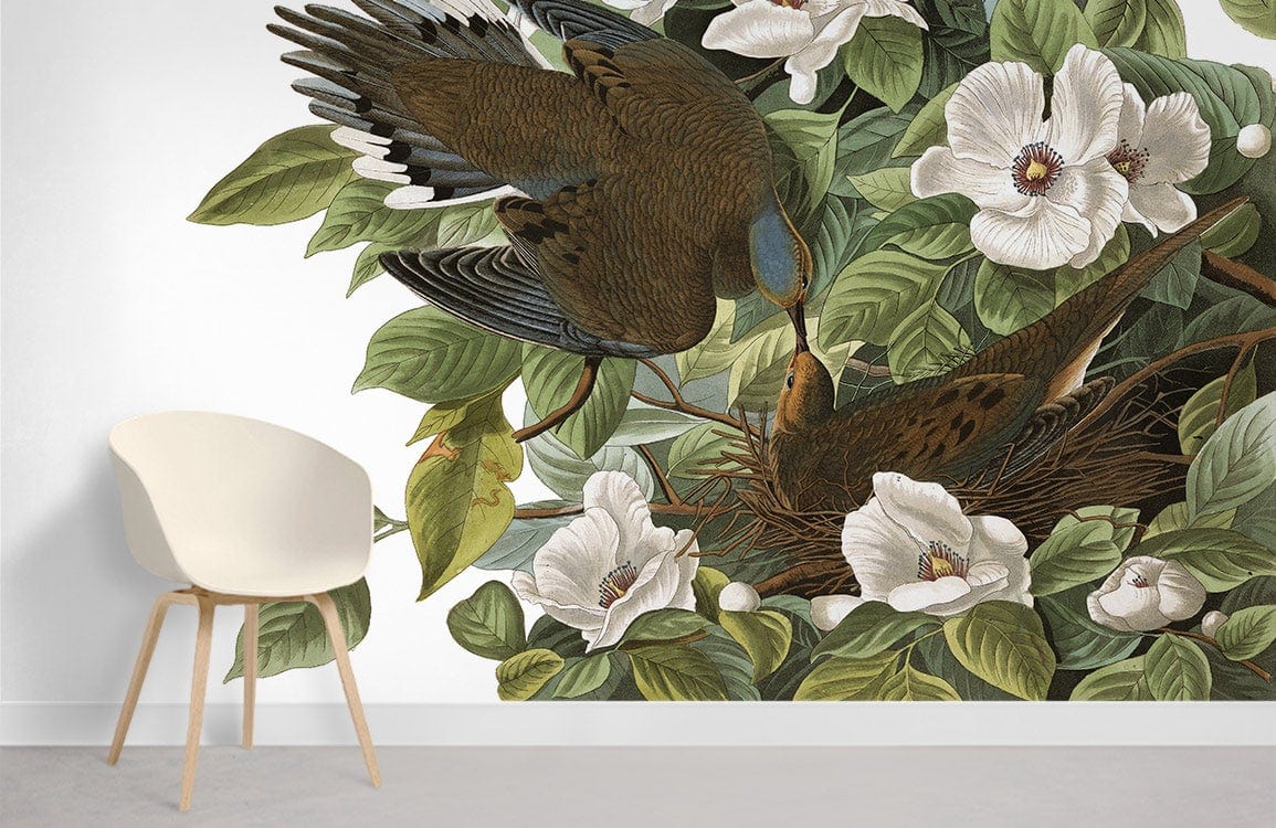 Tropical bird mural wallpaper with magnolia blossoms, white chair, lush greenery, modern interior design.