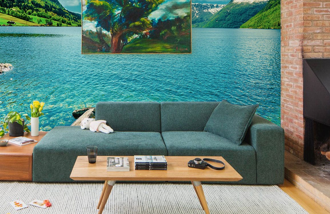 clear lake blue landscape wallpaper mural living room decoration ideas
