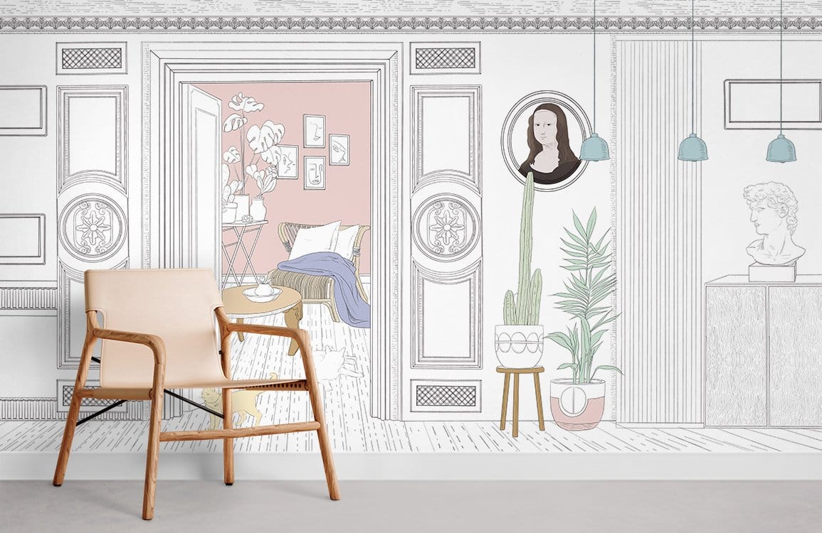 Alt text: Vintage Chic Mural Wallpaper with Pastel Accents, wooden chair, neutral flooring in modern living room.